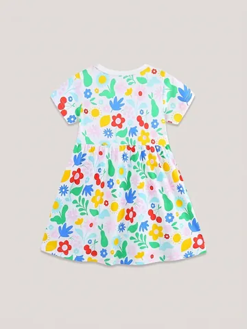Mädchen Sommer Baumwolle Kurzarm Blumen Frucht Druck Kleid Lässiges Prinzessin Kleid Mit Gestreiften Taschen Für Kleine Kinder