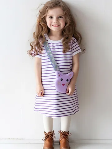 Robe de Princesse en Coton à Rayures pour Filles Avec Sac Chat en Peluche 3D Été Manches Courtes Robe de Soirée Décontractée