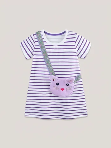 Robe de Princesse en Coton à Rayures pour Filles Avec Sac Chat en Peluche 3D Été Manches Courtes Robe de Soirée Décontractée