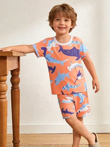 Jungen Sommer Kurzarm Hai Druck Loungewear Set Orange Polyester T-Shirt Und Shorts Schlafanzug Kinder Casual Home Wear