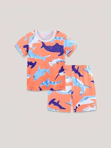 Jungen Sommer Kurzarm Hai Druck Loungewear Set Orange Polyester T-Shirt Und Shorts Schlafanzug Kinder Casual Home Wear