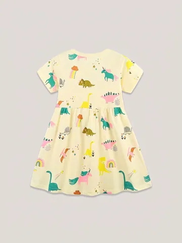 Girls Summer Cotton Short Sleeve Dress Cartoon Dinosaur Unicorn Rainbow Print Round Neck Casual A-Line Princess Dress