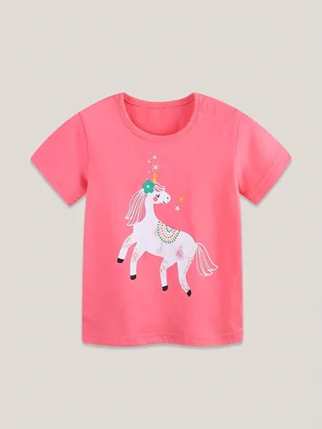 Mädchen 100% Baumwolle Rosa Einhorn T-Shirt Sommer Kurzarm Top Cartoon Tierdruck Weich Rundhals Casual Kleinkind Kleidung