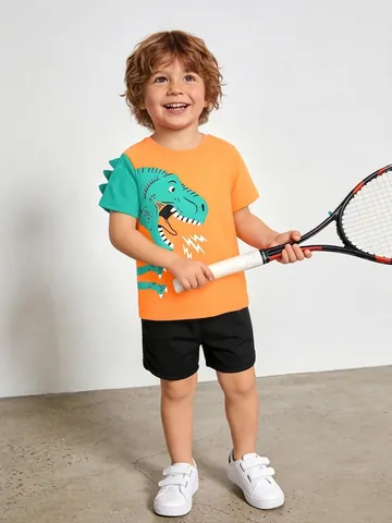Ensemble Short d'Été pour Garçons Imprimé Dinosaure Coton Manches Courtes Haut à Coutures Contrastées et Short pour Enfants