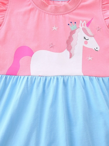 Sommer Mädchen Ärmelloses Prinzessinnenkleid Baumwolle Rosa Blau Spleißen Einhorn Stickerei Rüschenärmel Kinder Kleidung