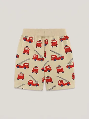 Jungen 100% Baumwolle Shorts Sommer Cartoon Feuerwehr Aufdruck Lässige Kinder Sporthose Mit Elastischem Bund Beige Mittlere Hose