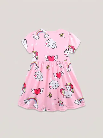 Mädchen Europäischer Stil Prinzessinnenkleid Rosa Cartoon Einhorn Regenbogen Druck Kurzarm Rundhals Sommer Polyester Kleid