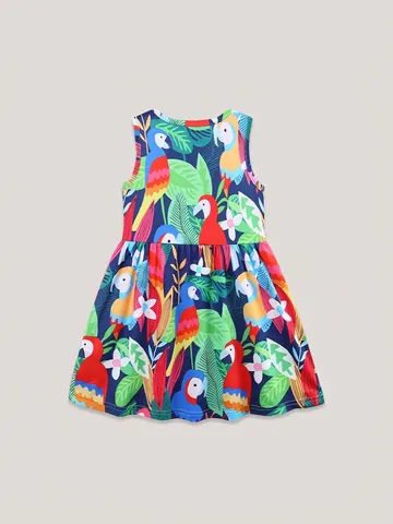 Girls Occident Tropical Parrot Print Short Sleeve Dress Kids Round Neck Summer Princess Floral Dress Comfortable Breathable