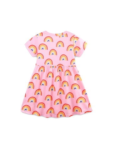 Meisjesjurk met Korte Mouwen Regenboogprint Casual Ronde Hals Prinses A-Lijn Zomer Roze Peuter Outfits 3-8 Jaar