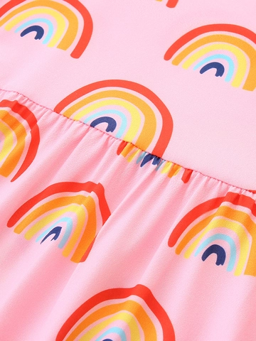 Meisjesjurk met Korte Mouwen Regenboogprint Casual Ronde Hals Prinses A-Lijn Zomer Roze Peuter Outfits 3-8 Jaar
