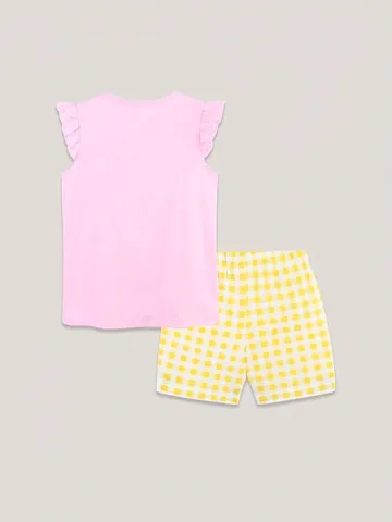 Conjunto de Ropa de Verano para Niñas Algodón Manga Corta Rosa Bordado Limón Top Pantalones Cortos Gingham Amarillos Dos Piezas