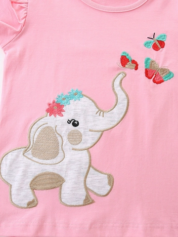 Vêtements d'Été pour Filles Haut en Coton à Manches Volantées Et Short Avec Broderie Éléphant Rose Jaune