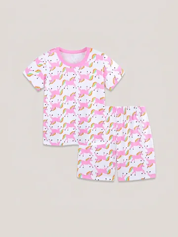 Girls Unicorn Print Pajamas Top And Shorts Short Sleeve Soft Homewear Sleepwear For Kids Summer Casual Outfits