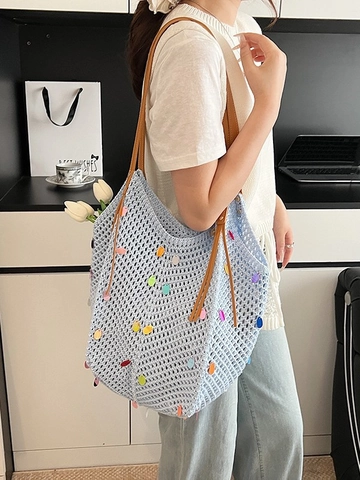 Γυναικεία Casual Πλεκτή Τσάντα Tote με Πούλιες Τσάντα Ώμου με Βελονάκι Μεγάλης Χωρητικότητας Bohemian Style Handbag για Διακοπές