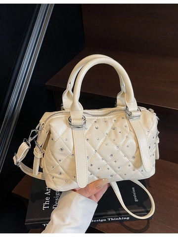 Elegante Borsa a Tracolla Trapuntata a Rombi Donna Decorazione Strass in Pelle PU con Manico Superiore Borsa Boston Moda