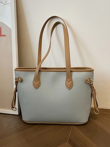 Large Capacity Tote Bag For Women Fashion Pebble Pattern PU Leather Shoulder Bag Contrast Color Commute Work Handbag
