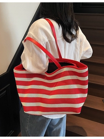 Women Striped Woven Tote Bag Large Capacity Straw Handbag Casual Summer Beach Shoulder Bag Crochet Knit Commuting Bag