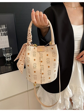Women Fashion PU Leather Bucket Bag Printed Bear Monogram Pattern Handbag With Scarf Decoration Shoulder Crossbody Commuter Bag