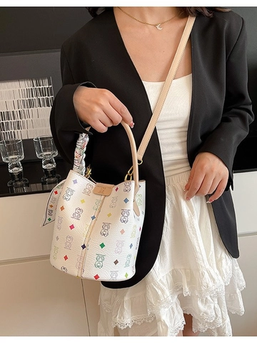 Women Fashion PU Leather Bucket Bag Printed Bear Monogram Pattern Handbag With Scarf Decoration Shoulder Crossbody Commuter Bag