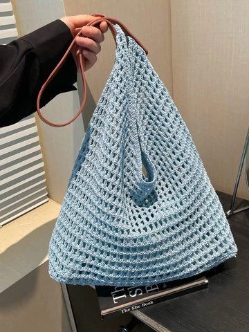 Borsa Tote da Donna di Grande Capacità Intrecciata Traforata per Vacanze in Spiaggia Tracolla in Pelle PU Manico Casual Estate