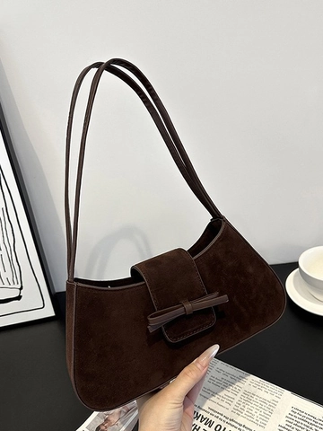 Dames Suède Schouder Onderarmtas Met Strikdecoratie Retro Polyester Voering Metalen Magneetsluiting Casual Handtas