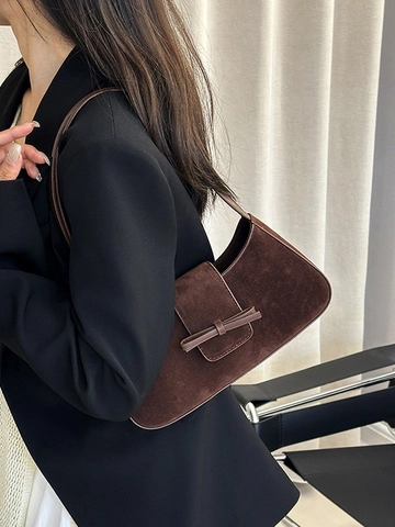 Dames Suède Schouder Onderarmtas Met Strikdecoratie Retro Polyester Voering Metalen Magneetsluiting Casual Handtas