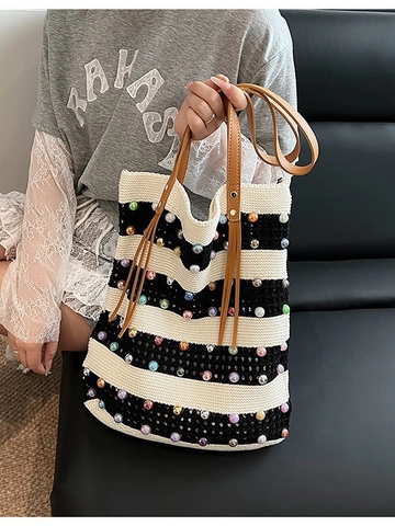 Bohemian Striped Knitted Tote Bag For Women Large Capacity Shoulder Bag With Colorful Artificial Pearl Beads Faux Leather Strap