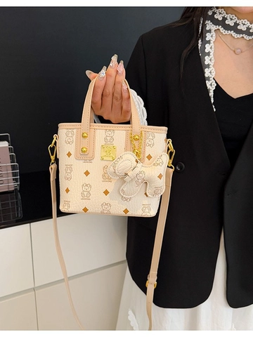 Women Small Square Bag PU Leather Metal Bear Print Monogram Crossbody Handbag Fashion Shoulder Bag With Dog Charm