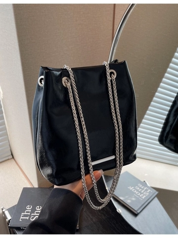 Fashion Women Bucket Bag Solid Color PU Leather Silver Chain Strap Large Capacity Shoulder Crossbody Bag Daily Messenger Bag