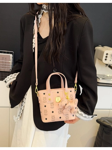 Women Small Square Bag PU Leather Metal Bear Print Monogram Crossbody Handbag Fashion Shoulder Bag With Dog Charm