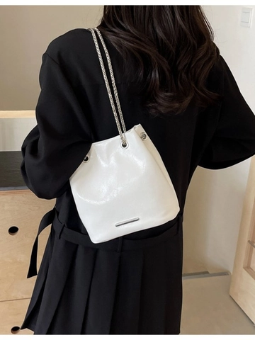 Fashion Women Bucket Bag Solid Color PU Leather Silver Chain Strap Large Capacity Shoulder Crossbody Bag Daily Messenger Bag