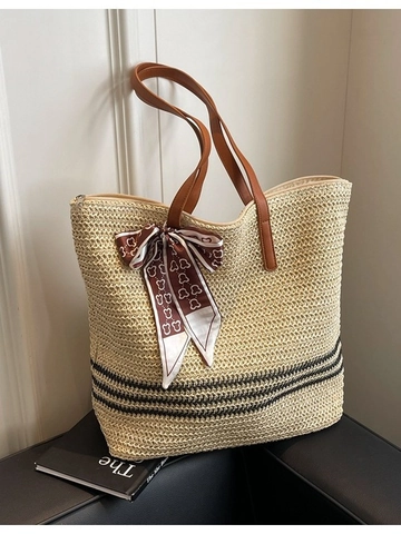 Women Fashion Straw Woven Tote Bag Large Capacity Striped Shoulder Bag With Decorative Scarf For Beach Vacation Daily Travel
