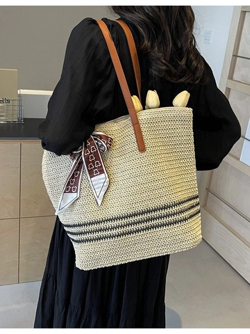 Women Fashion Straw Woven Tote Bag Large Capacity Striped Shoulder Bag With Decorative Scarf For Beach Vacation Daily Travel