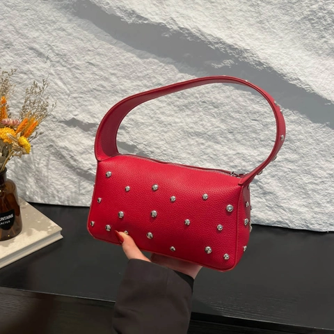 Borsa Sottobraccio con Rivetti Donna Pelle PU Trama Litchi Borsa a Tracolla Stile Punk Moderno Borsa Baguette per Ufficio Quotidiano
