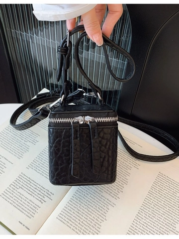 Sac Bandoulière Boîte en Cuir PU Minimaliste pour Femmes Vintage Texturé Mini Vanity Case Sac à Épaule Chaîne Mode Main Quotidien