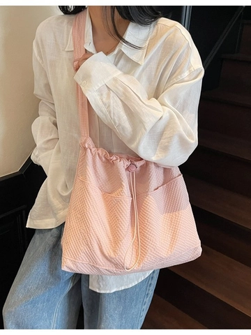 Sac Fourre-tout en Toile à Texture Gaufre pour Femmes Grande Capacité avec Cordon Sac à Épaule Décontracté Été Sac Bandoulière