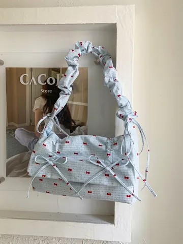 Sac à Épaule Imprimé Floral avec Nœud Femmes Nylon Bandoulière à Volants Sac Sous le Bras Grande Capacité Style Coréen