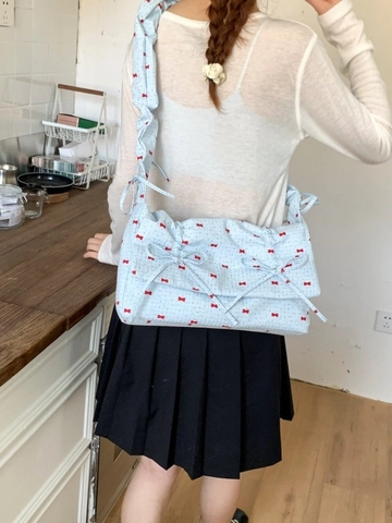 Sac à Épaule Imprimé Floral avec Nœud Femmes Nylon Bandoulière à Volants Sac Sous le Bras Grande Capacité Style Coréen