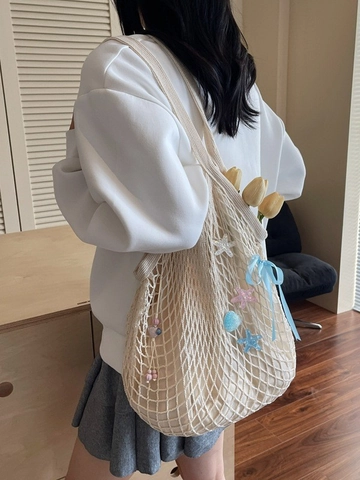 Grand Sac Cabas Tissé pour Femmes Sac à Épaule en Filet Ajouré Avec Breloques Étoile de Mer Coquillage Nœud en Ruban Sac de Plage Vacances