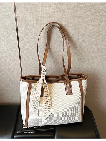 Grand Sac Fourre-tout en Toile pour Femmes Mode Minimaliste Couleur Contrastée Sac à Épaule Avec Foulard Décoratif