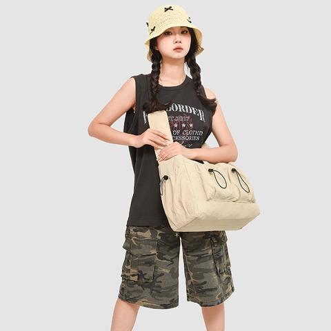 Borsa a Tracolla in Nylon Capiente da Donna Idrorepellente con Coulisse Tasche Multiple Borsa a Spalla Tote per Pendolarismo