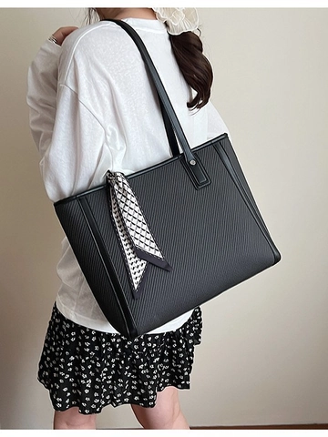 Grand Sac Fourre-tout en Toile pour Femmes Mode Minimaliste Couleur Contrastée Sac à Épaule Avec Foulard Décoratif