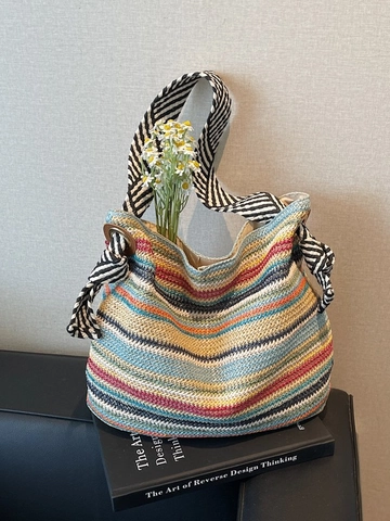 Grand Sac Cabas Tissé en Paille pour Femmes Sac à Bandoulière de Vacances à la Plage d'Été Avec Bandoulière Rayée Décor de Nœud Sac en Paille