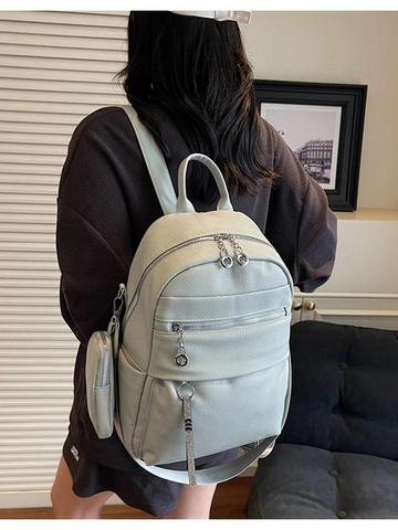 Sac à Dos Femme Mode Simple Cuir PU Grain Litchi Grande Capacité Multi Poches Sac de Voyage Avec Petite Pochette