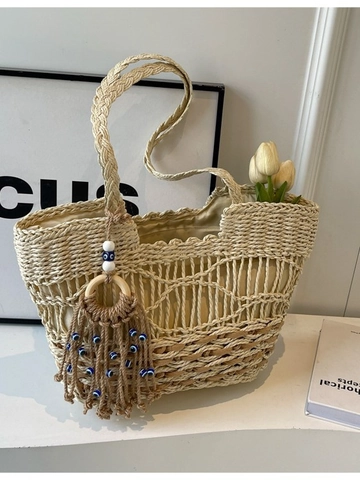 Bohemian Hand Woven Straw Tote Bag Large Capacity Hollow Summer Beach Shoulder Bag Evil Eye Tassel Charm Women Purse