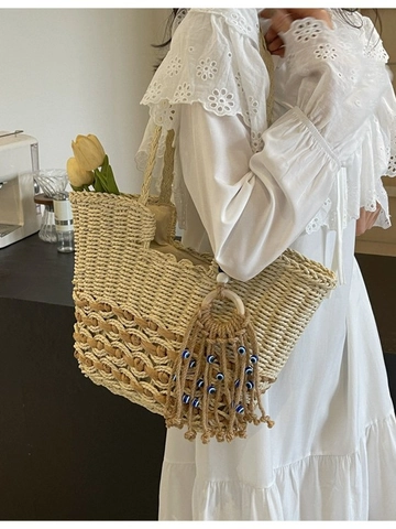 Bohemian Hand Woven Straw Tote Bag Large Capacity Hollow Summer Beach Shoulder Bag Evil Eye Tassel Charm Women Purse