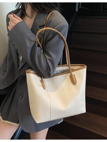 Vintage PU Leather Tote Bag For Women Large Capacity Retro Minimalist Shoulder Bag Solid Color Commuter Work School Handbag