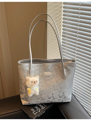 Sac Fourre-tout en Cuir PU de Grande Capacité pour Femmes Sac à Main Sophistiqué Sac à Bandoulière Avec Pendentif Ours Motif Numérique