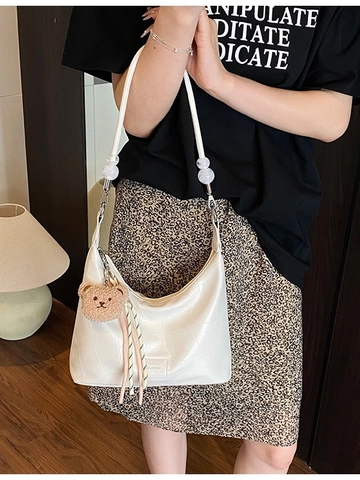 Vrouwen Krokodil Gedessineerd Schoudertas Koreaanse Minimalistische Hobo Dumpling Tas Met Beer Pluche Hanger Dagelijks Crossbody Tas