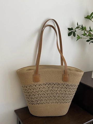 Women's Casual Straw Woven Tote Bag Large Capacity Hollow Out Beach Vacation Shoulder Bag Simple Minimalist Handbag With Leather Strap